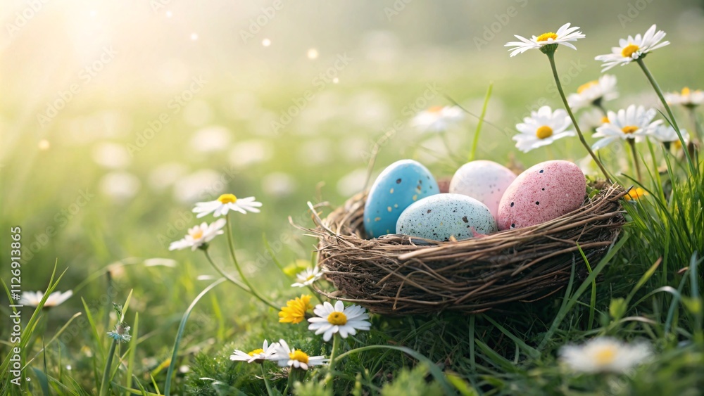 Spring Nest with Pastel Eggs, Daisies, and Dreamy Sunlit Atmosphere V1