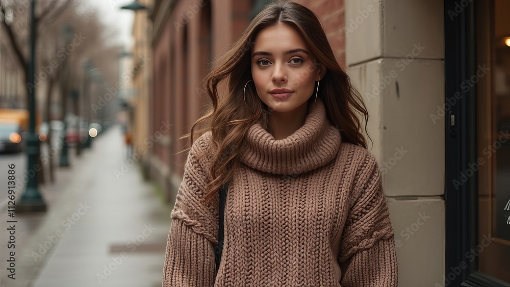 Knitted sweater with Mocha Mousse color of 2025 year. Womens warm jumper stylish autumn or winter clothes Fashion autumnal outfit Knitted sweater with Mocha Mousse color of 2025 year. Womens warm jumper stylish autumn or winter clothes Fashion autumnal outfit