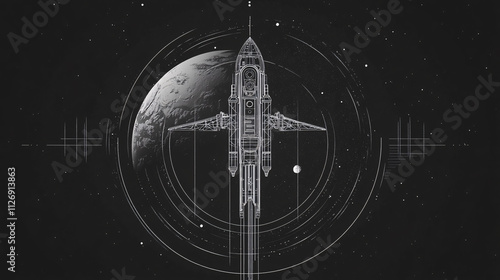 Fototapeta Naklejka Na Ścianę i Meble -  Minimalist line art of a futuristic space station orbiting Earth, representing space engineering and innovation. 