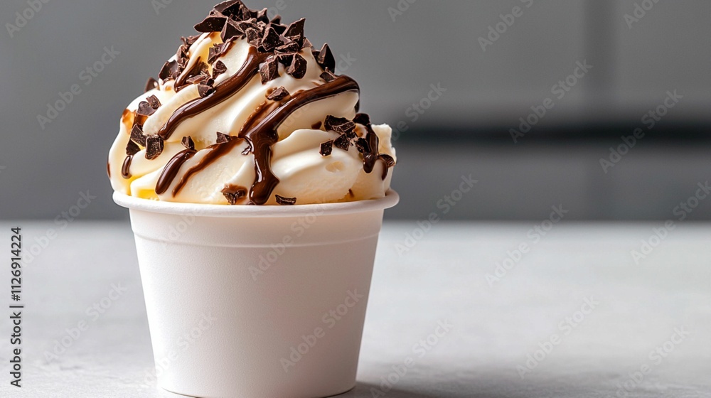 Delicious soft serve ice cream topped with chocolate syrup and chocolate shavings served in a white cup on a modern countertop with blurred background Delicious soft serve ice cream topped with chocolate syrup and chocolate shavings served in a white cup on a modern countertop with blurred background
