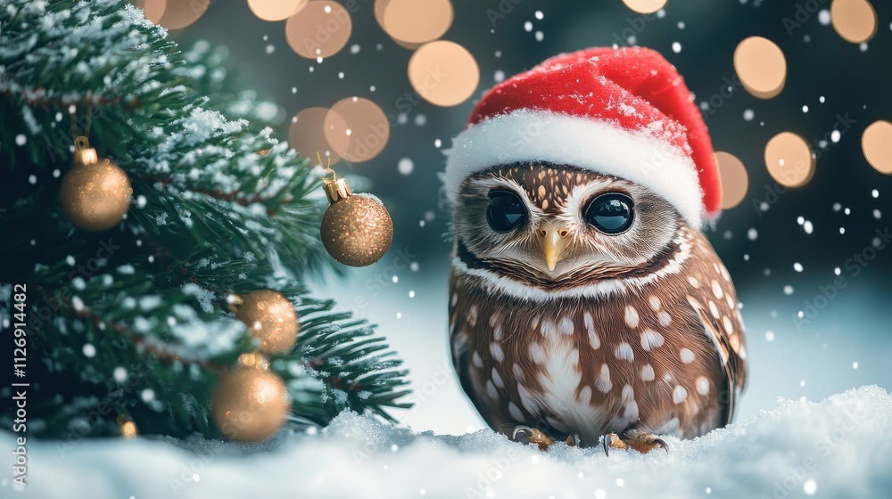 Cute Festive Owl with Tiny Hat Near Christmas Tree and Ornaments Cute Festive Owl with Tiny Hat Near Christmas Tree and Ornaments