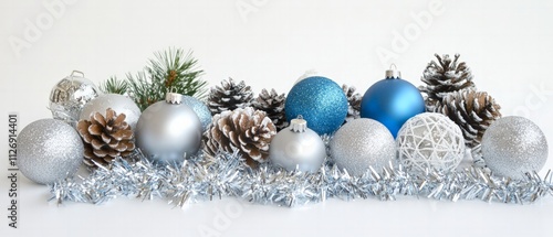 Festive holiday decorationschristmas ornaments and pinecones indoor setting still life cheerful atmosphere close-up view seasonal joy photo