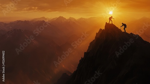 Climbers reaching a peak at sunset in a mountainous landscape.