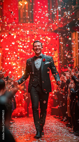 Elegant showman walking on stage with falling confetti and clapping audience photo