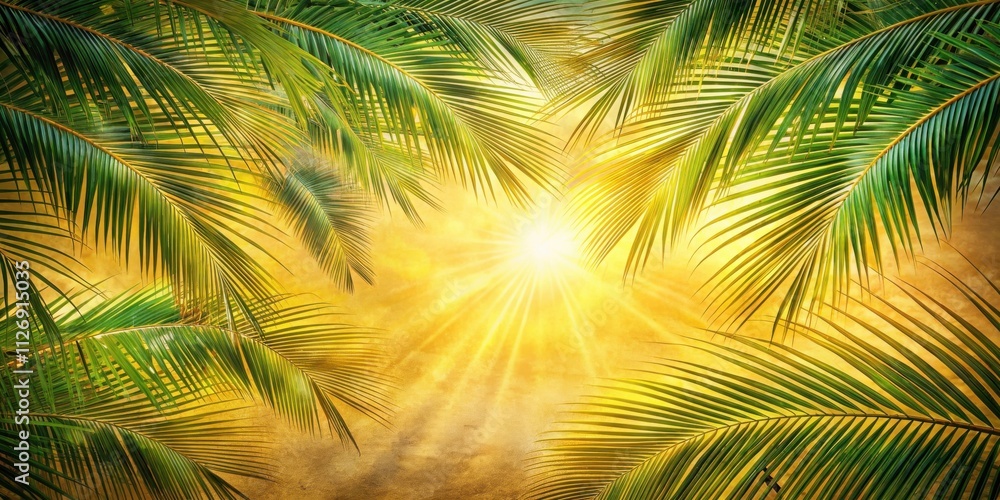 A radiant sun illuminates the lush green palm fronds, casting a warm golden glow over the scene. A radiant sun illuminates the lush green palm fronds, casting a warm golden glow over the scene.