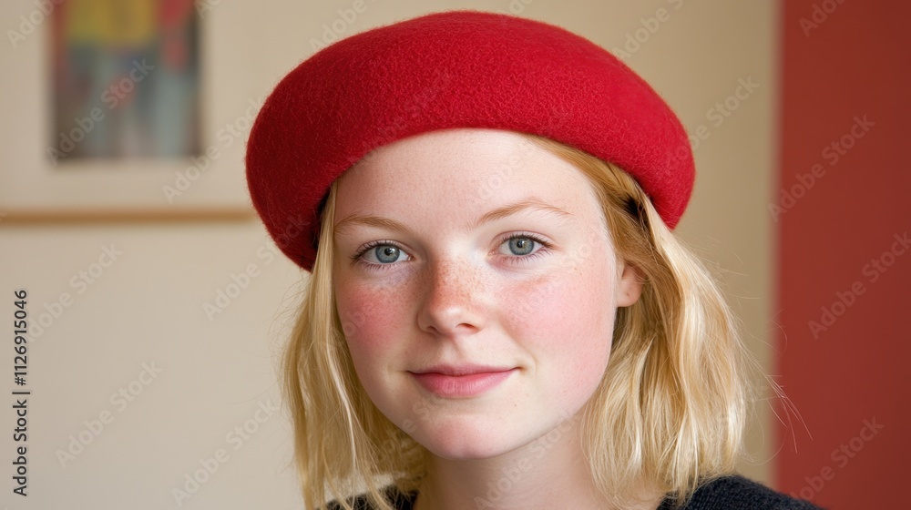 Young Woman with Short Blonde Hair and Red Beret in Indoor Setting Young Woman with Short Blonde Hair and Red Beret in Indoor Setting