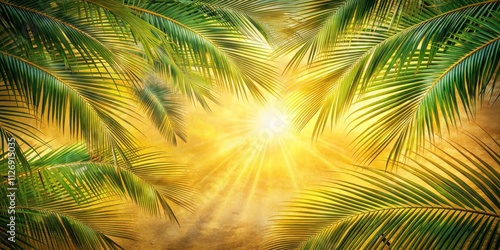 A radiant sun illuminates the lush green palm fronds, casting a warm golden glow over the scene.