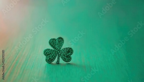 Glittering Shamrock Close-Up on Green Gradient Background. Symbolizing Luck, Prosperity, and the Spirit of St. Patrick's Day Celebrations with a Sparkling Irish Three Leaf Clover Design photo