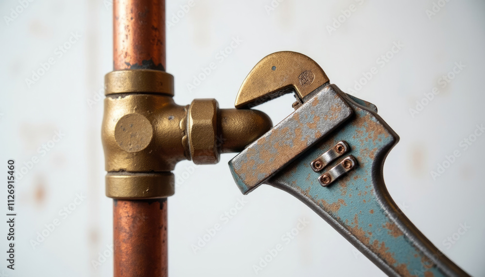A rusty adjustable wrench grips a gold painted copper pipe fitting. A rusty adjustable wrench grips a gold painted copper pipe fitting.