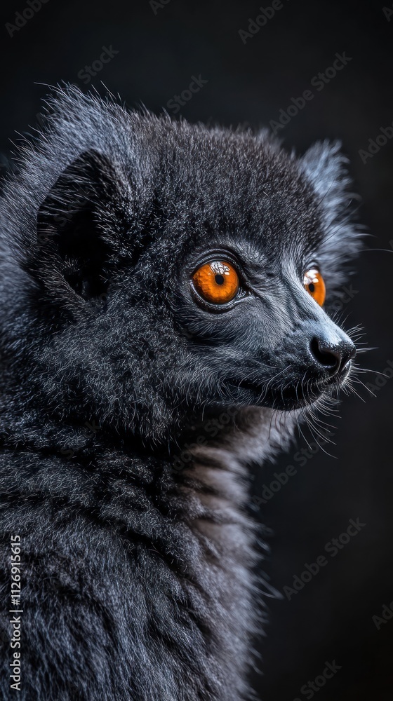 Obraz premium A close-up of a black lemur with striking orange eyes against a dark background.
