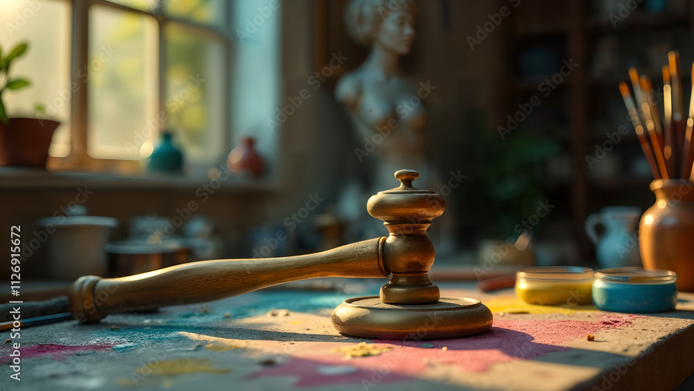 Obraz premium An ArtistÆs Antique Brass Hammer Surrounded by Creative Tools in a Sunlit Studio