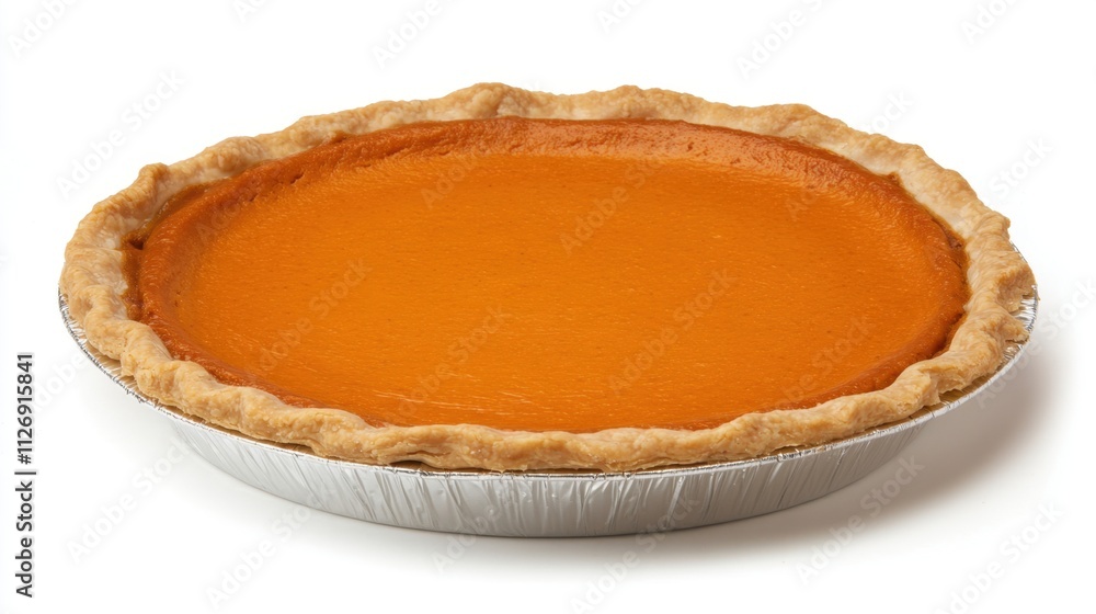 Freshly Baked Pumpkin Pie with Golden Crust in Round Aluminum Pan Freshly Baked Pumpkin Pie with Golden Crust in Round Aluminum Pan