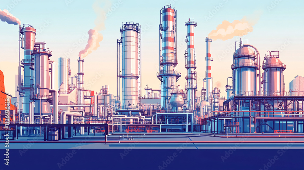 Obraz premium Technical illustration of a chemical refinery plant with distillation columns and pipelines, symbolizing industrial processes. 