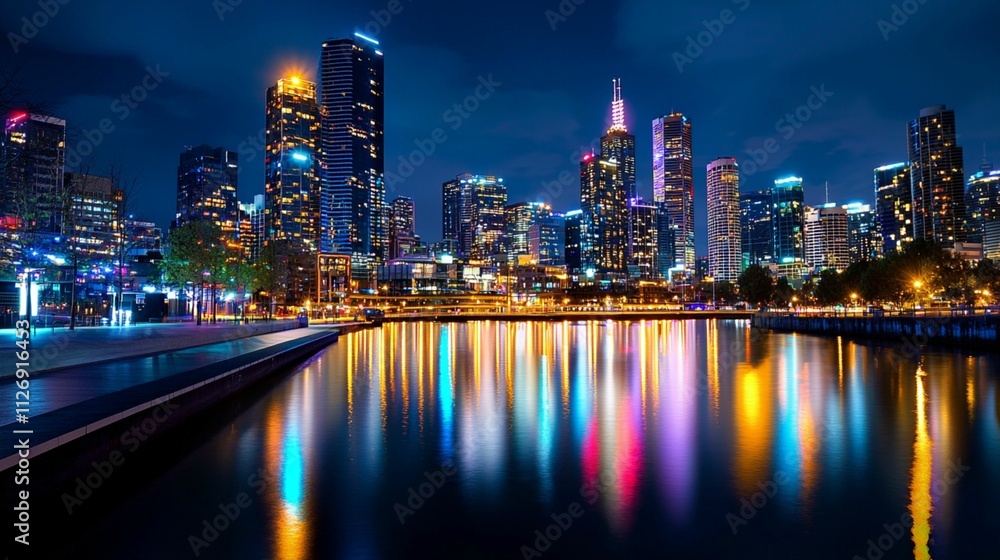 Fototapeta premium Stunning Nighttime View of a Vibrant City Skyline with Reflections on Water, Illuminated Buildings, and a Colorful Atmosphere in an Urban Landscape
