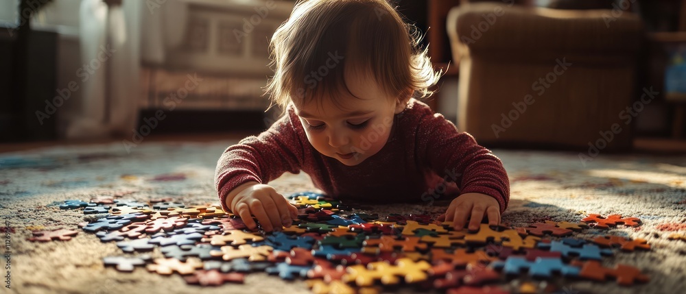 A toddler plays with colorful puzzle pieces on a carpeted floor. A toddler plays with colorful puzzle pieces on a carpeted floor.