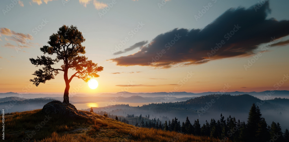 Obraz premium serene landscape featuring lone tree at sunrise over misty valley