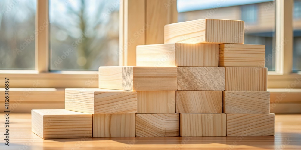Wooden blocks stacked in a staircase pattern on a wooden table near a window with natural light Wooden blocks stacked in a staircase pattern on a wooden table near a window with natural light