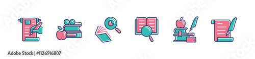 writing literature study research icon set education library learning read book magnifier search cognition signs vector illustration for web and app