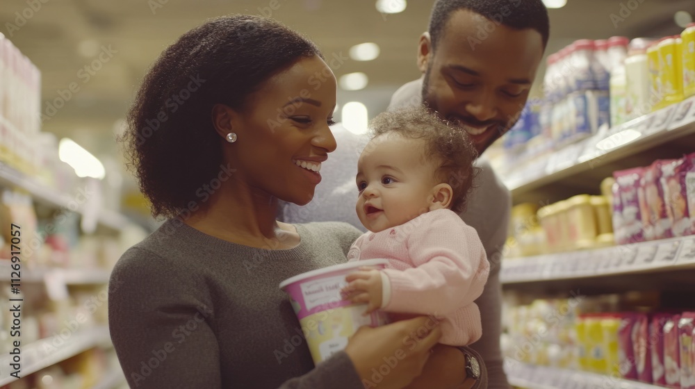 Obraz premium A joyful family shopping together with a baby in a grocery store aisle.