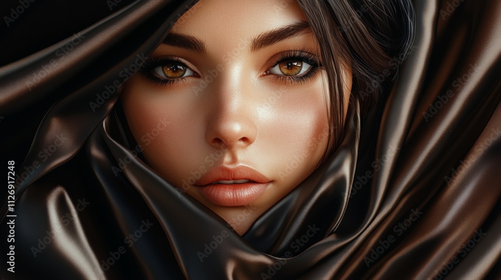 Portrait of a young female with dark hair and eyes wrapped in satin Portrait of a young female with dark hair and eyes wrapped in satin