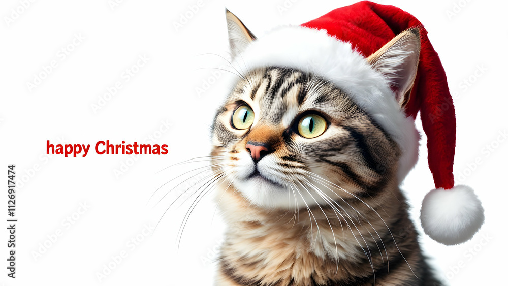 A charming tabby cat gazes upward, wearing a festive red Santa hat with white trim. The image has a happy Christmas greeting. The cats expression is curious and sweet. A charming tabby cat gazes upward, wearing a festive red Santa hat with white trim. The image has a happy Christmas greeting. The cats expression is curious and sweet.