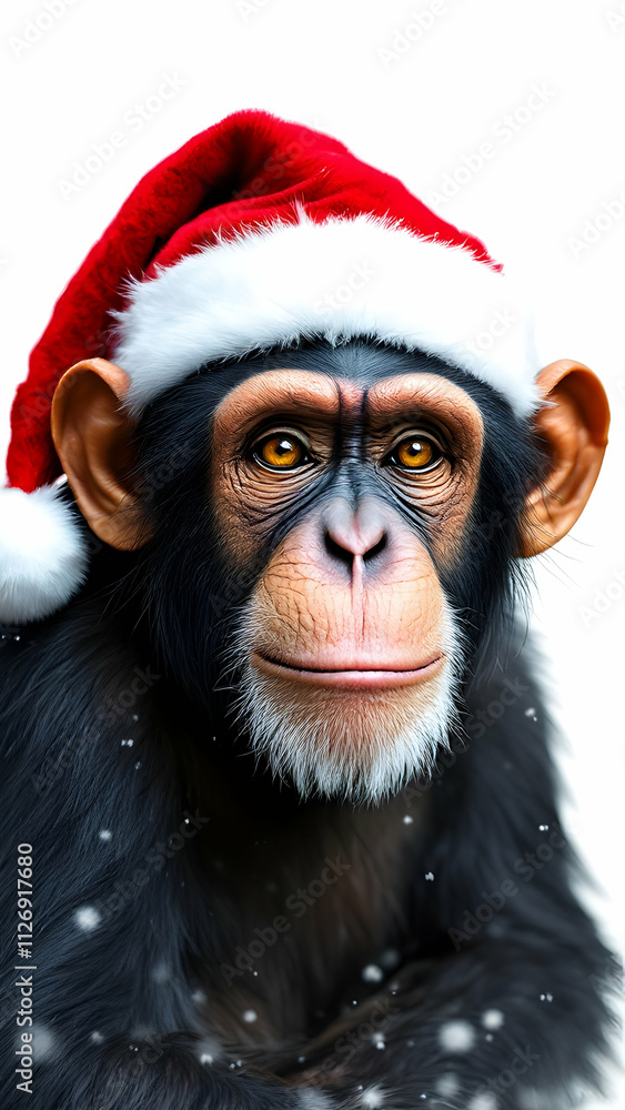 A chimpanzee wearing a Santa hat, with falling snow around it. Closeup portrait, the chimp has a calm expression. A chimpanzee wearing a Santa hat, with falling snow around it. Closeup portrait, the chimp has a calm expression.