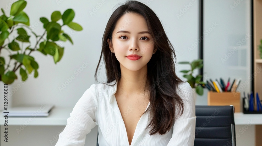 Professional young woman with long dark hair wearing a white blouse, sitting at an office desk, smiling confidently in a bright, modern workspace with plants. Professional young woman with long dark hair wearing a white blouse, sitting at an office desk, smiling confidently in a bright, modern workspace with plants.