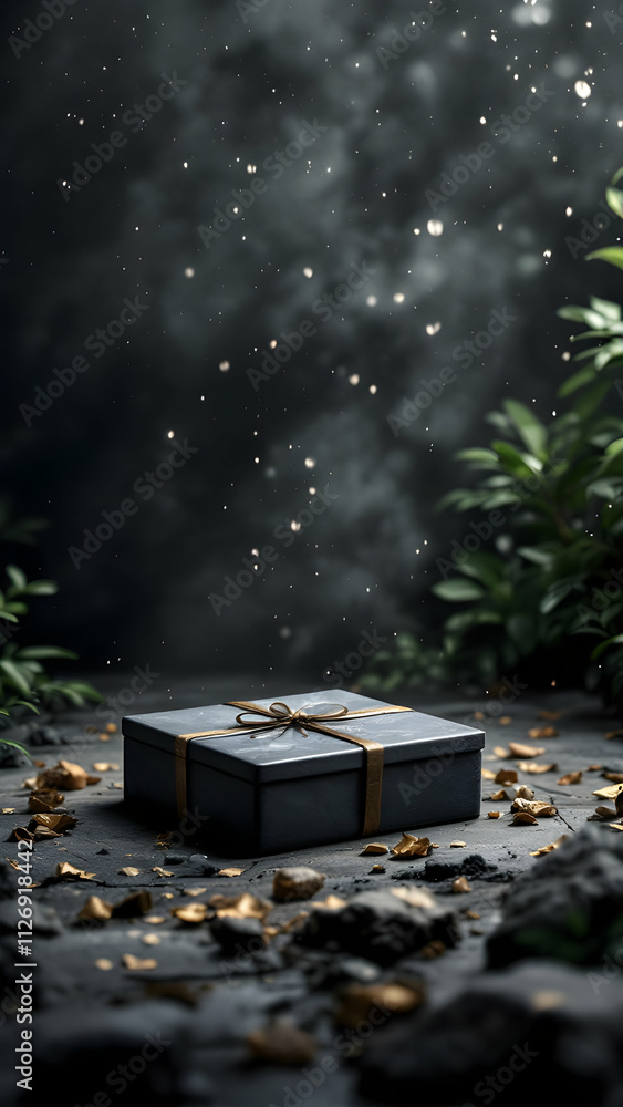 Fototapeta premium A darkgrey gift box with gold ribbon sits on a dark surface, surrounded by gold leaf and dark stones. A dark, moody background with foliage.
