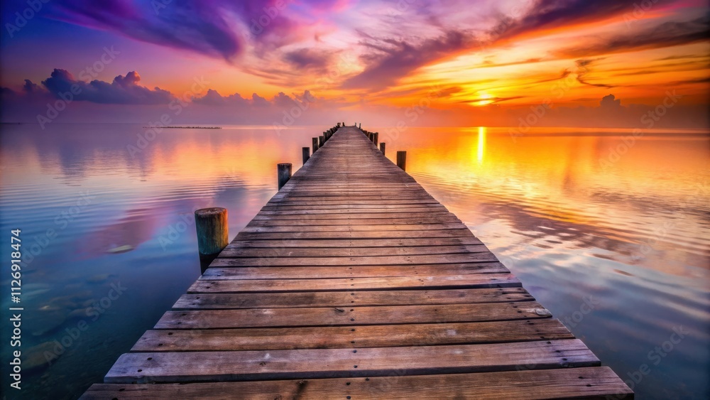 Wooden pier extending into tranquil water, illuminated by a vibrant sunrise with a sky painted in hues of orange, pink, and purple. Wooden pier extending into tranquil water, illuminated by a vibrant sunrise with a sky painted in hues of orange, pink, and purple.