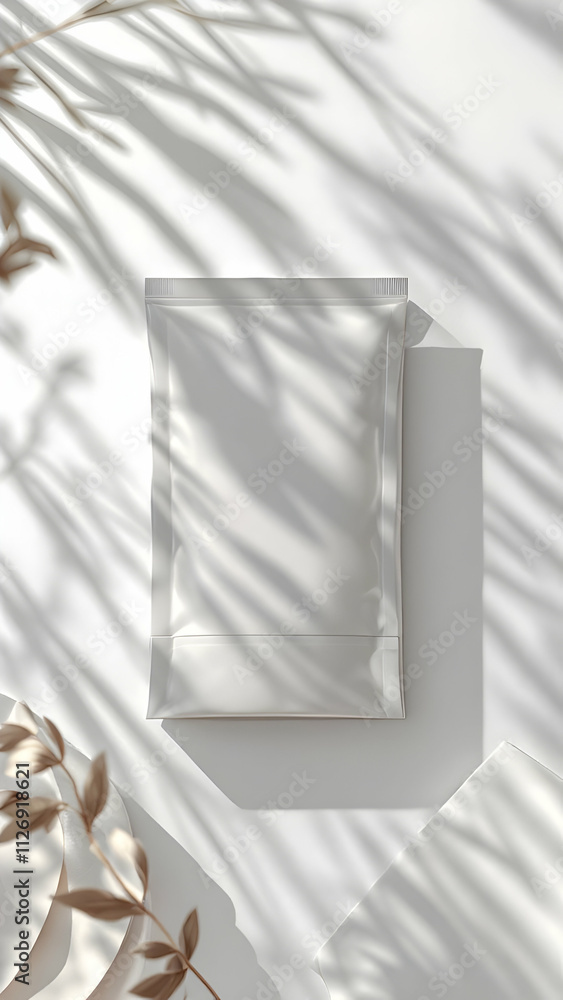 A clean white pouch sits on a light surface, styled with shadows from plants. Minimalist aesthetic, perfect for branding or product presentation. A clean white pouch sits on a light surface, styled with shadows from plants. Minimalist aesthetic, perfect for branding or product presentation.