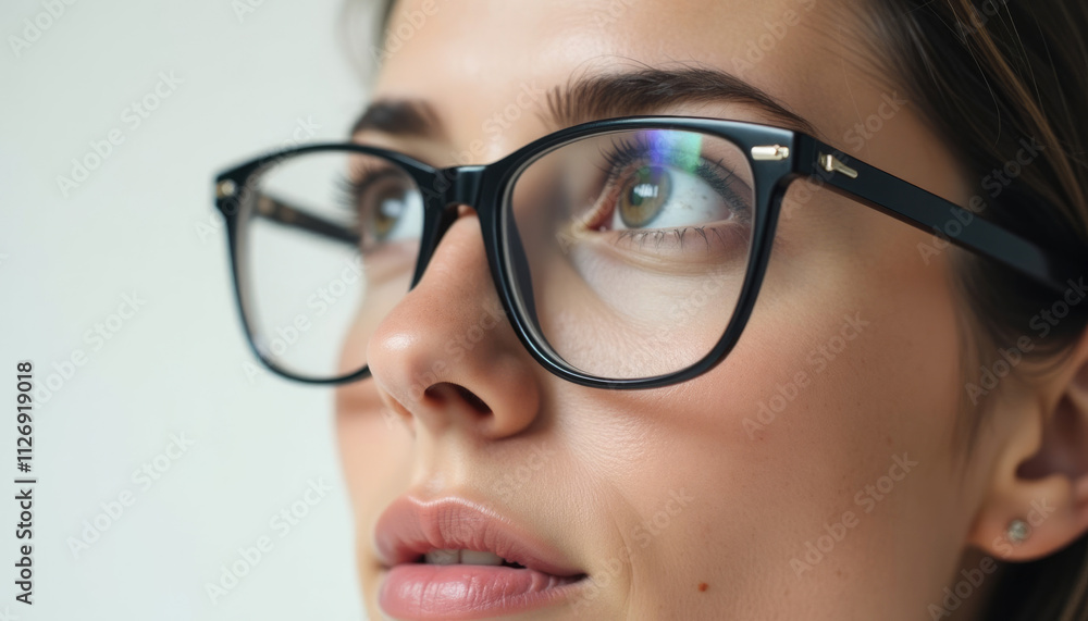 Close up of a young woman wearing black framed glasses looking thoughtfully upwards. Close up of a young woman wearing black framed glasses looking thoughtfully upwards.