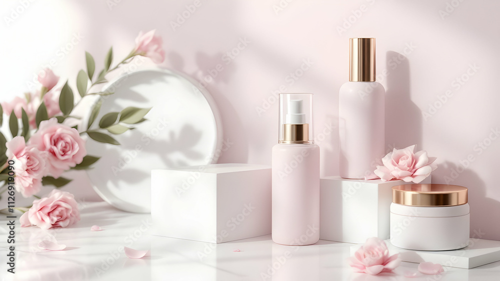 Pink bottles, cream jar, roses, and white geometric display platforms. Soft lighting and a minimalist aesthetic. Beauty product mockups. Pink bottles, cream jar, roses, and white geometric display platforms. Soft lighting and a minimalist aesthetic. Beauty product mockups.