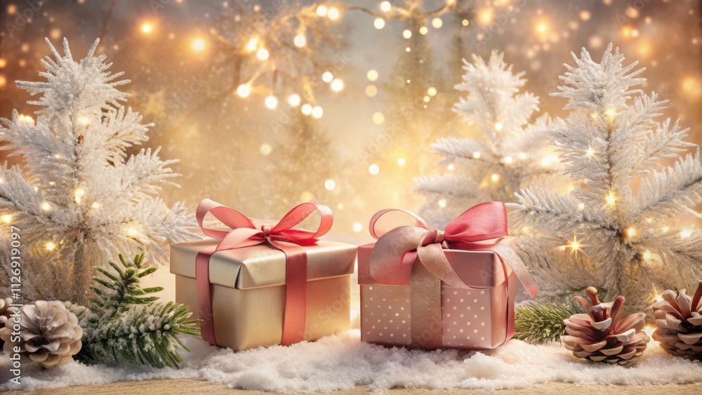 Festive Gifts Adorned with Bows Nestled in a Snowy Wonderland with Twinkling Lights and Frosty Pine Trees Festive Gifts Adorned with Bows Nestled in a Snowy Wonderland with Twinkling Lights and Frosty Pine Trees