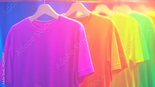 Colorful T-Shirts on Hangers Displayed in a Bright, Vibrant Store Setting photo