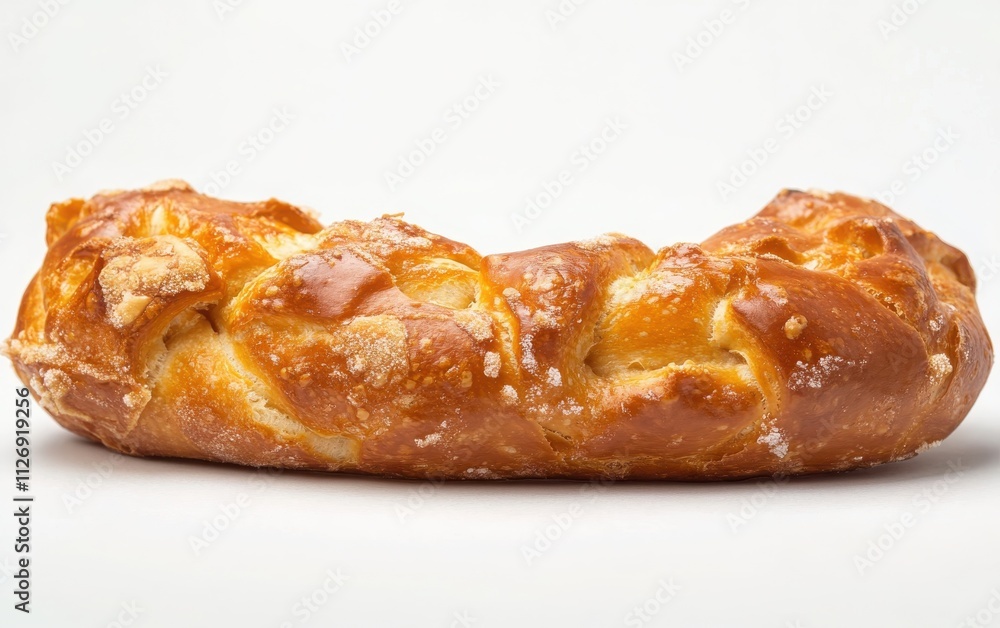 Perfectly baked soft pretzel with visible salt grains, isolated on a white background, sharp-focused, and intricately detailed Perfectly baked soft pretzel with visible salt grains, isolated on a white background, sharp-focused, and intricately detailed