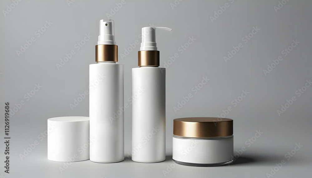 Three minimalist white cosmetic containers with gold lids spray bottle, pump bottle, and jar. Clean design, grey background, product mockup. Three minimalist white cosmetic containers with gold lids spray bottle, pump bottle, and jar. Clean design, grey background, product mockup.