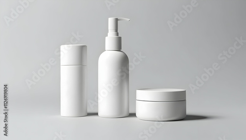 Three minimalist, blank white cosmetic containers are displayed on a gray background. A pump bottle, cylindrical spray bottle, and a cream jar are shown.