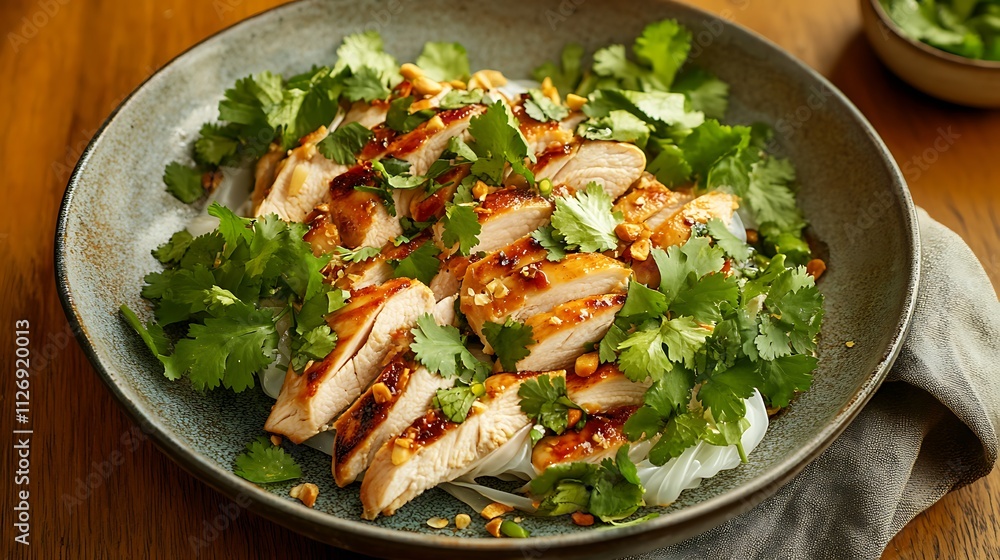Goi cuon with halal chicken, garnished with fresh cilantro and mint Goi cuon with halal chicken, garnished with fresh cilantro and mint