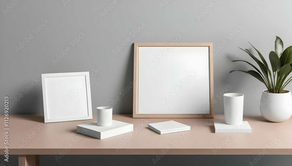 Obraz premium A styled image featuring blank white frames, a plant in a white pot, white cups on stands, and a notebook on a pale pink table against a grey wall. Minimalist aesthetic.