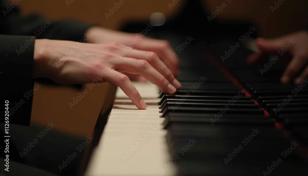 Fototapeta premium Close up of hands gracefully playing a piano showcasing musical skill and passion.