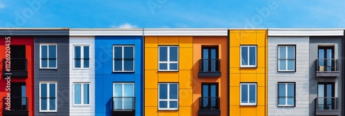 A vibrant row of modern, colorful apartment buildings under a clear blue sky, showcasing a contemporary urban design. photo