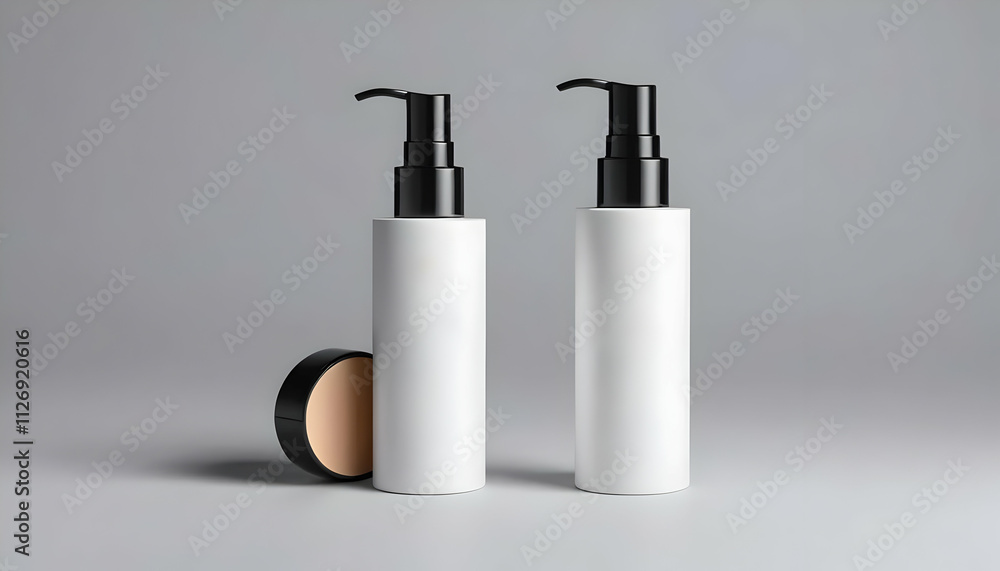 Two sleek white cylindrical bottles with black pump dispensers and a beige compact powder container are displayed against a neutral gray background. Minimalist product photography. Two sleek white cylindrical bottles with black pump dispensers and a beige compact powder container are displayed against a neutral gray background. Minimalist product photography.