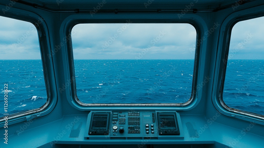 Naklejka premium Navigating the Endless Blue Ship's Bridge View of Ocean Waves Marine Environment Scenic Perspective Tranquil Atmosphere