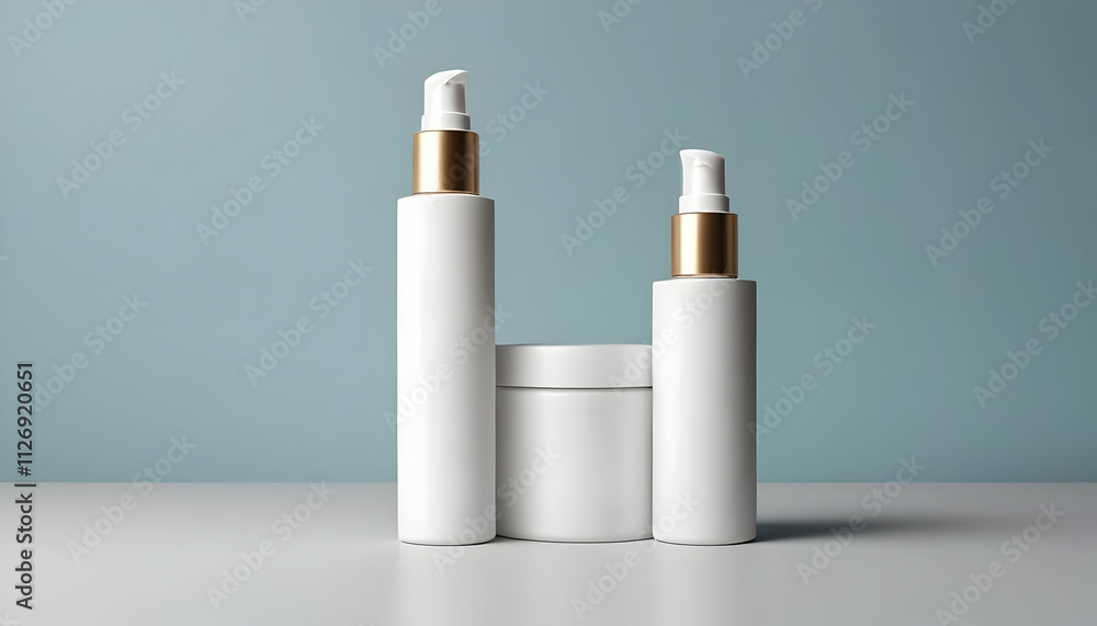 Two white pump bottles and a jar, gold accents, minimalist aesthetic, on a white surface against a pale blue background. Clean and modern product mockup. Two white pump bottles and a jar, gold accents, minimalist aesthetic, on a white surface against a pale blue background. Clean and modern product mockup.