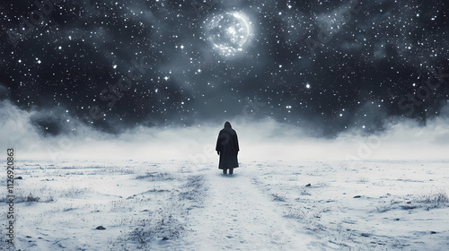 Snowy landscape lone person walking path star filled mage robes digital graphic lament wanderer earth heavenly rapture human staring blankly ahead tundra drifting. Rapture. Illustration