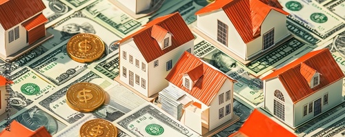 A visually engaging representation of miniature houses and coins placed on currency, symbolizing real estate investment and financial growth.