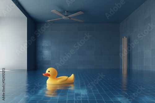 A rubber duck floats in a serene blue-tiled room with water and a ceiling fan. photo