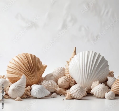 Elegant seashell design elements on white background, aquatic decor, shellfish, pastel colors, decor