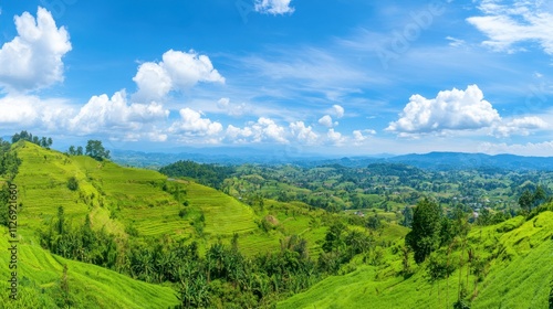 Lush Green Hillside Landscape Under Bright Blue Sky with Fluffy Clouds