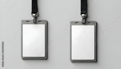 Two blank ID cards with black lanyards hang against a grey backdrop. Silver holders enclose white inserts perfect for a mockup.